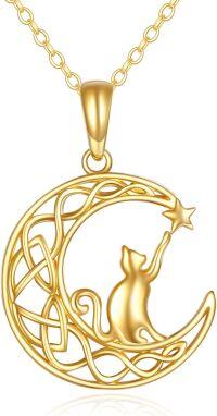 wholesale 14K Gold Moonstone Cat Pendant Necklace for Women - Birthday Gifts-Celtic Moon Cat