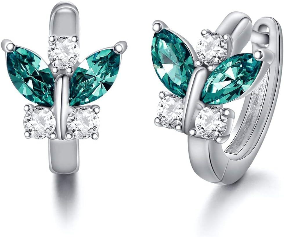 Sterling Silver Austrian Simulated Aquamarine Butterfly Hoop Earrings Hypoallergenic Gift for Women-0-1