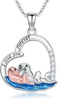 wholesale 925 Sterling Silver Seal Mother & Baby Heart Pendant Necklaces for Women Girls -Sea Otter
