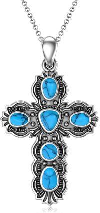 wholesale 925 Sterling Silver Natural Turquoise Stone Cross Pendant Necklace for Women  48cm Chain Length-Cross Neckalce-1