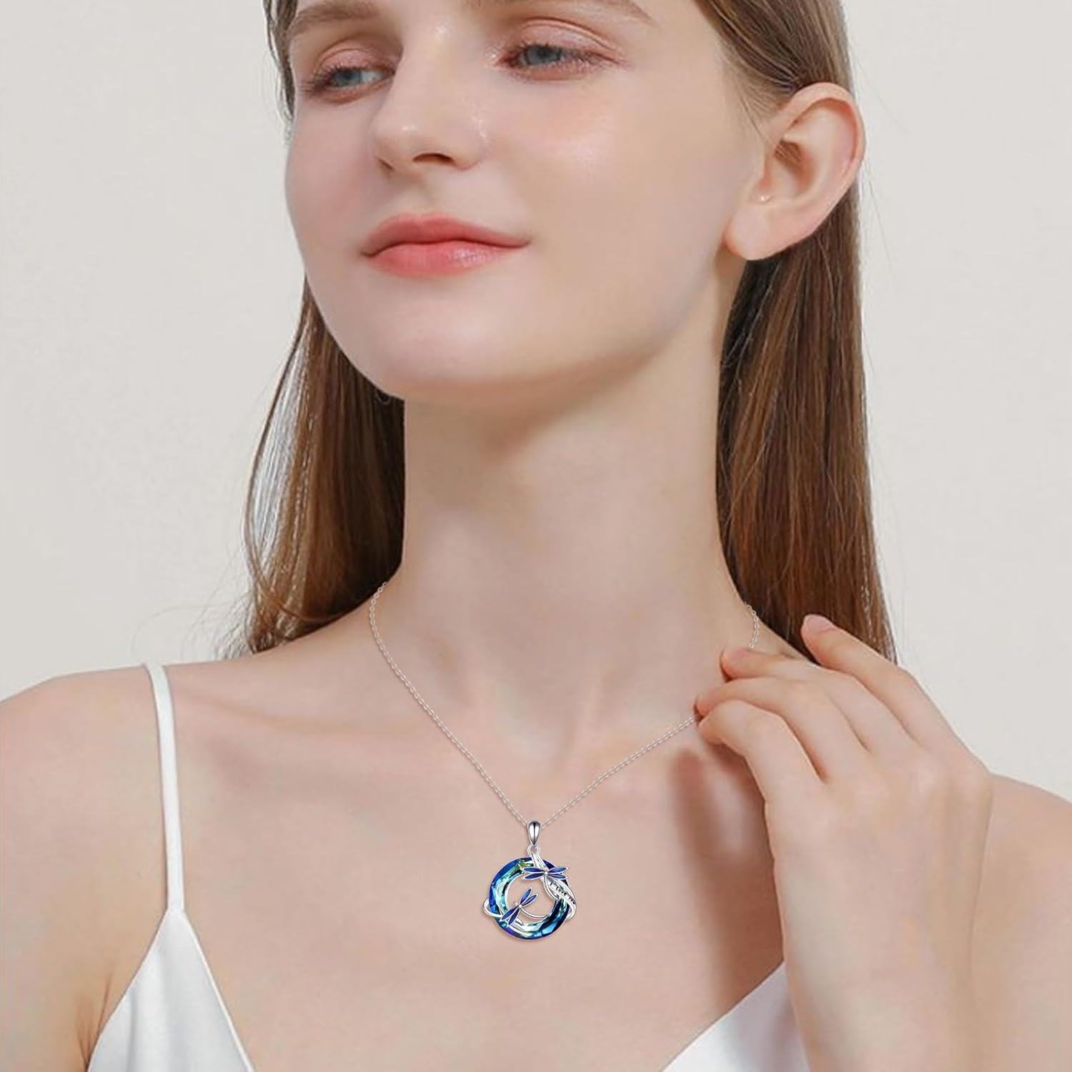 wholesale 925 Sterling Silver Blue Crystal Dragonfly Pendant Necklace with I Love You Inscription - Gifts for Her-0-2
