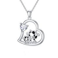 wholesale 925 Sterling Silver Mom Heart Shape Animal Pendant Necklaces for Women Girls Family Love Gift-05-04-Cow-April