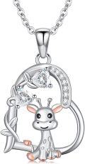 wholesale 925 Sterling Silver Giraffe Heart-Shaped Pendant Necklace with Cubic Zirconia Stones - Cute  for Women and Girls-0-0