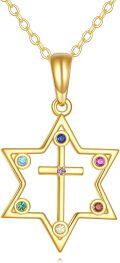 wholesale 14k Yellow Gold Star of David Cross Pendant Necklace with Multi-Colored Stones for Women-0-0