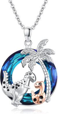 wholesale 925 Sterling Silver Blue Crystal Palm Tree Dino Family Pendant Necklaces for Mother & Daughter Gifts-Dinosaur