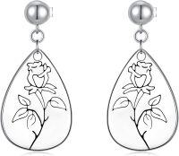 wholesale Sterling Silver Floral Teardrop Earrings w Birth Flower Engraved Gift for Women-6-June-Rose