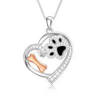wholesale 925 Sterling Silver Dog Bone Paw Print Heart Pendant Necklace for Women-Dog Paw Print