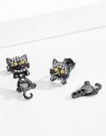 wholesale 925 Sterling Silver Black Stone Cat Kitten Stud Earrings with Yellow Eyes and White Rhinestones - Adorable Animal  for Women-0-1