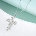wholesale 925 Sterling Silver White Gold Plated Cross with Pink Simulated Opal and Green Leaves Pendant Necklaces for Women-0-2