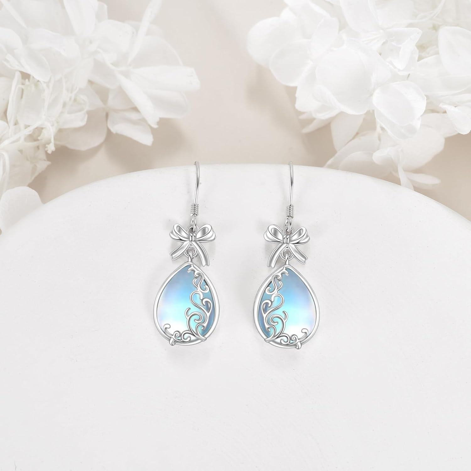 wholesale 925 Sterling Silver Rainbow Moonstone Bowknot Drop Dangle Lever Back Earrings-0-3