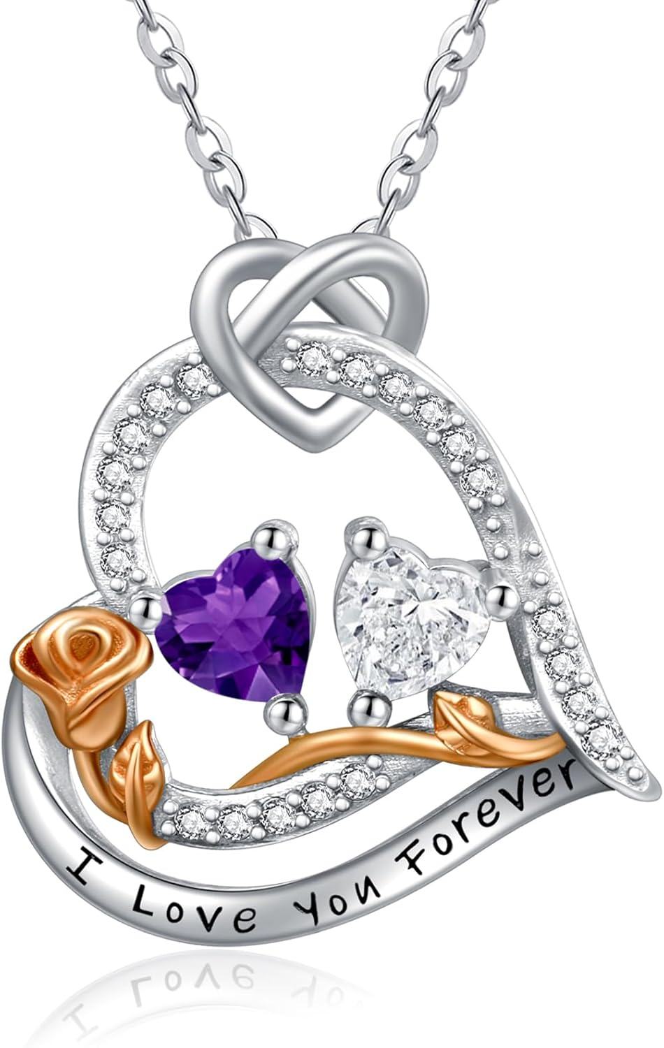  Sterling Silver 2 Birthstones Rose Heart Necklace for Women -02-04-Feb-Apr