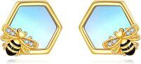 wholesale 925 Sterling Silver Hexagon Bee Stud Earrings with Crystal Accents - Honeycomb Design Gift for Her-Bee earring moonstone