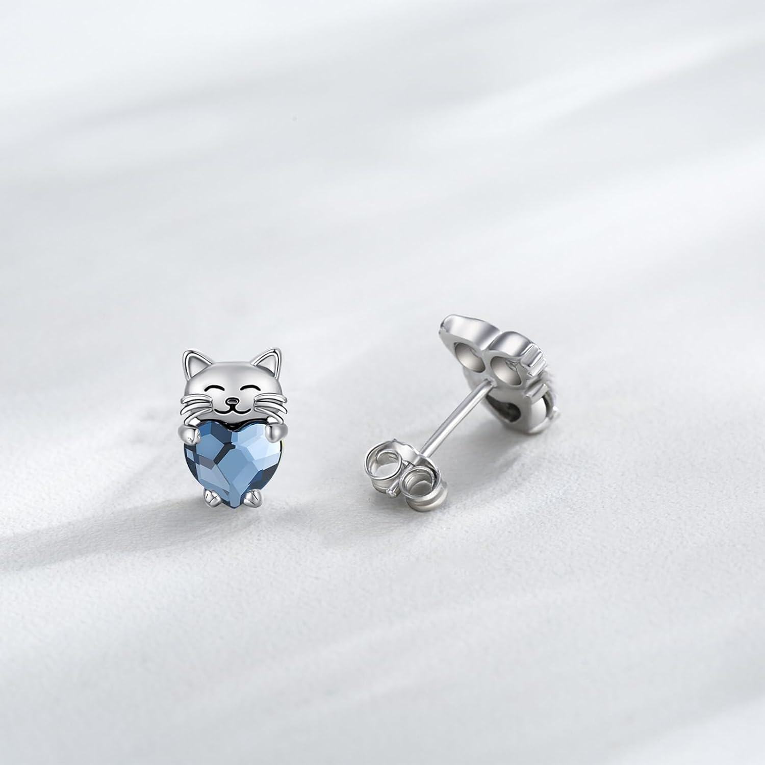 925 Sterling Silver Heart-Shaped Blue Crystal Cat Stud Earrings - Adorable Kitty  for Her-0-2