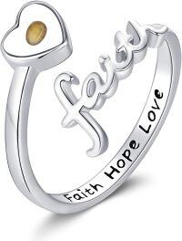 wholesale 925 Sterling Silver Mustard Seed Faith Ring with Heart Charm - Adjustable Size 7-9, Religious Jewelry Gift for Women, Hypoallergenic-Silver-Faith