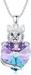 wholesale 925 Sterling Silver Purple Crystal Heart Cat Pendant Necklace s for Women-0-0