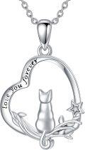 wholesale 925 Sterling Silver Heart-Shaped Cat Pendant Necklace for Women's Gifts-0-1