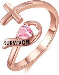 wholesale 925 Sterling Silver & Zircon Breast Cancer Survivor Ring with Pink Ribbon - Adjustable Open Ring for Women - Awareness Jewelry Gift-Pink Cross Ribbon