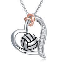 wholesale 925 Sterling Silver Sport Ball in Heart Shape with Cubic Zirconia Pendant Necklace for Women-Volleyball
