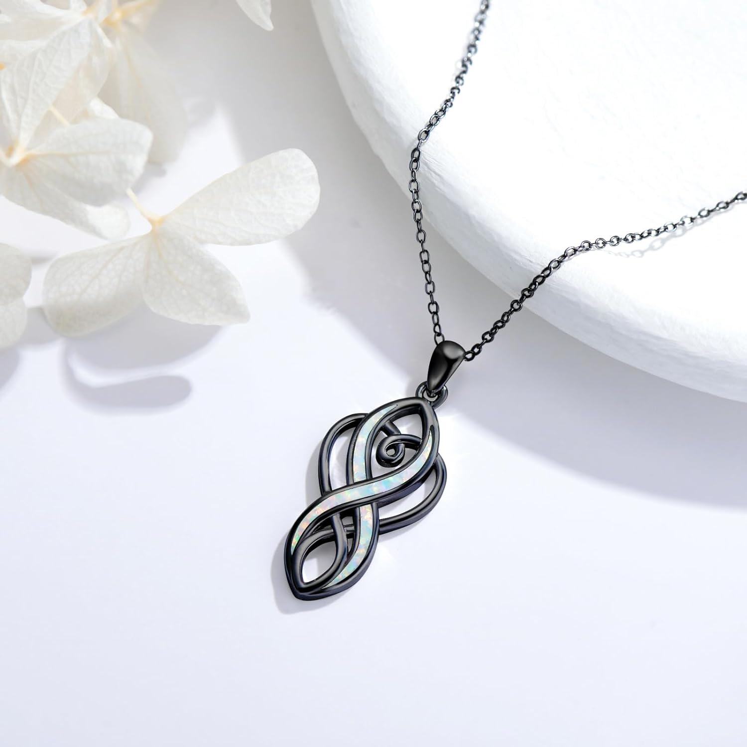 925 Sterling Silver Blackened White Fire Opal Celtic Knot Infinity Heart Pendant Necklace for Women-0-1