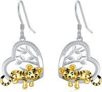 wholesale 925 Sterling Silver Heart-Shaped Tiger Dangle Earrings with Cubic Zirconia and Enamel Accents-Tiger