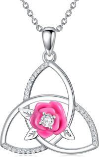 wholesale 925 Sterling Silver Pink Flower Triquetra Pendant Necklace for Women-Rose