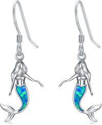 wholesale 925 Sterling Silver Blue Fire Opal Mermaid Dangle Drop Earrings for Women Beach -Mermaid