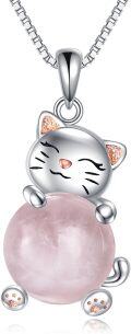 wholesale 925 Sterling Silver Rose Quartz Lucky Cat Pendant Necklace for Women Girls s 38cm Chain Length-0-0