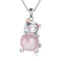 wholesale 925 Sterling Silver Rose Quartz Lucky Cat Pendant Necklace for Women Girls s 38cm Chain Length-0-0