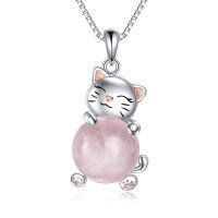 wholesale 925 Sterling Silver Rose Quartz Lucky Cat Pendant Necklace for Women Girls s 38cm Chain Length-PINK