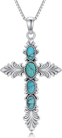 wholesale 925 Sterling Silver with Turquoise Elegant Feathered Cross Pendant Necklace-Feather