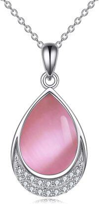 wholesale Sterling Silver Moonstone Cubic Zirconia Teardrop Pendant Necklace-P-Pink Opal