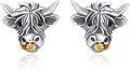 wholesale 925 Sterling Silver Highland Cow Head Stud Earrings with Gold Teeth and Heart Flower Design for Women-0-0