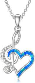wholesale 925 Sterling Silver Blue Opal & Zirconia Heart Music Note Pendant Necklace - Adjustable 18-20 Chain-0-0