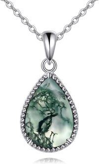 wholesale Sterling Silver Moss Agate Turquoise Larimar Aquamarine Opal Black Onyx Rose Quartz Moonstone Pendant Necklace-Moss Agate