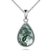 wholesale 925 Sterling Silver Moss Agate Turquoise Larimar Aquamarine Opal Black Onyx Rose Quartz Moonstone Pendant Necklace-Moss Agate