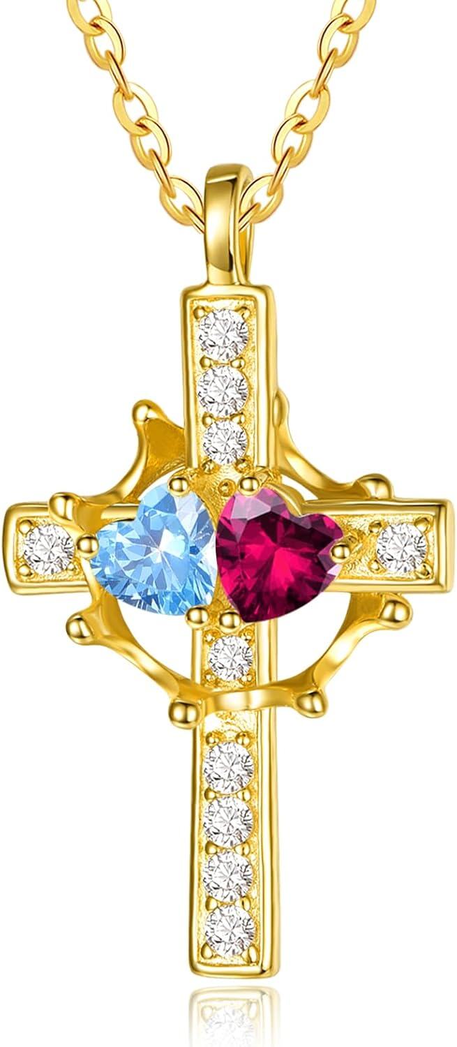 Sterling Silver Birthstones Gold Cross Necklace for Women -03-07-Mar-Jul-03-07-Mar-Jul