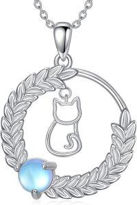 wholesale 925 Sterling Silver Round Moonstone Laurel Leaf Cat Pendant Necklace for Women Gifts-03-Round-Cat