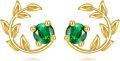 wholesale 14K Gold Emerald Green CZ Leaves Stud Earrings for Women-0-0