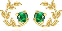 wholesale 14K Gold Emerald Green CZ Leaves Stud Earrings for Women-Gold Leaf Earrings