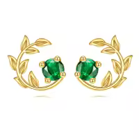 wholesale 14K Gold Emerald Green CZ Leaves Stud Earrings Wholesale for Women-Gold Leaf Earrings