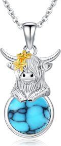 wholesale 925 Sterling Silver Highland Cow Turquoise Pendant Necklace for Women Girls' Gifts Mothers Day Birthdays Christmas-0-0