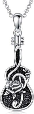 wholesale 925 Sterling Silver Guitar & Rose Pendant Necklace for Women Girls  48cm Chain Length-0-0
