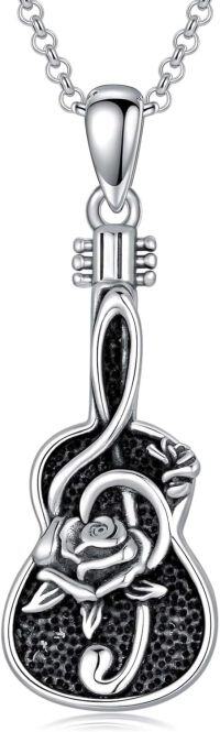 wholesale 925 Sterling Silver Guitar & Rose Pendant Necklace for Women Girls  48cm Chain Length-D-Guitar Music Note