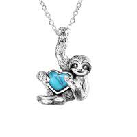 wholesale 925 Sterling Silver Sloth Pendant With Golden Heart Charm Necklace-turquoise sloth