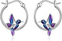 wholesale Sterling Silver Stone Cat Hummingbird Horse Snake Dinosaur Hoop Earrings for Sensitive Ears-Silver-Hummingbird Earrings