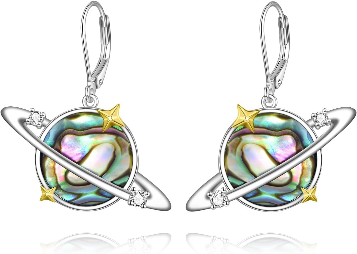 Sterling Silver Moonstone Abalone Star of David Witchy Celtic Shell Flower Saturn Dangle Earrings Jewish Irish Jewelry Gifts-F-Saturn