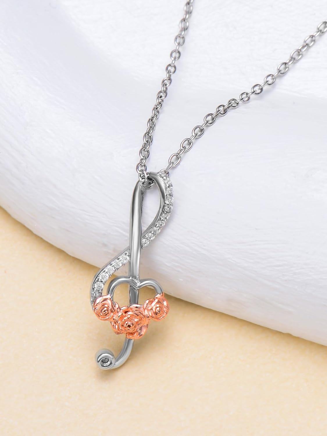925 Sterling Silver Musical Notes & Roses Pendant Necklaces for Women - Theatre Gifts in Box-0-4