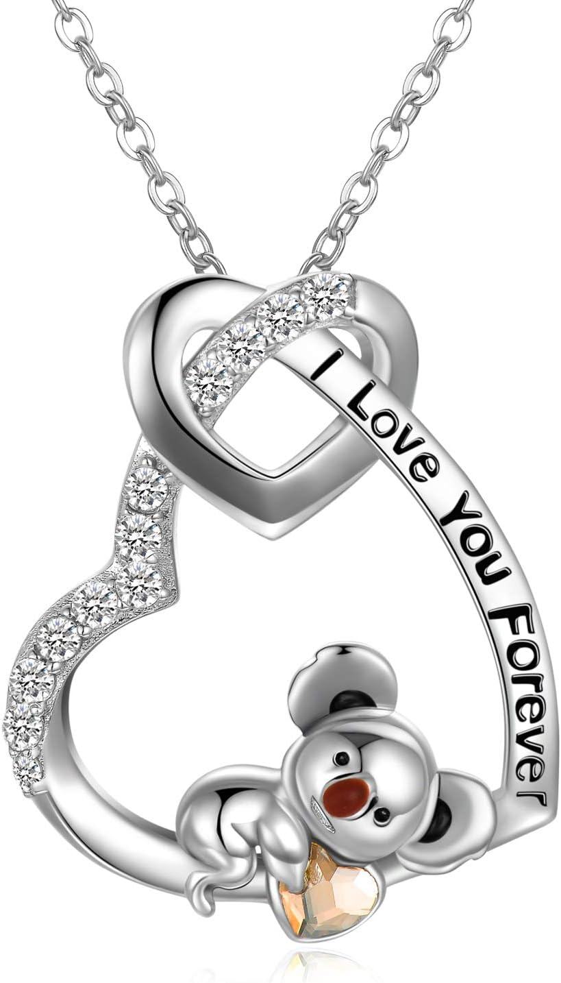  Metal Austrian Crystal Elephant Koala Sloth Heart Pendant Necklace Valentine Gift -Heart with Koala