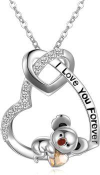 wholesale 925 Sterling Silver Metal Austrian Crystal Teddy Bear Love Forever Heart Pendant Necklace Valentines Day Gifts for Her-Heart with Koala