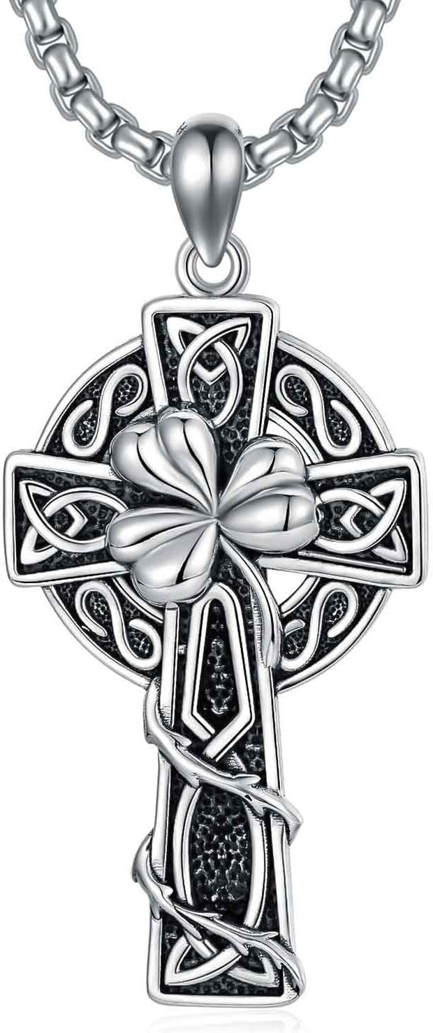 wholesale 925 Sterling Silver & Stainless Steel Irish Cross with Celtic Knots and Shamrock Pendant on 24 Chain-0-0